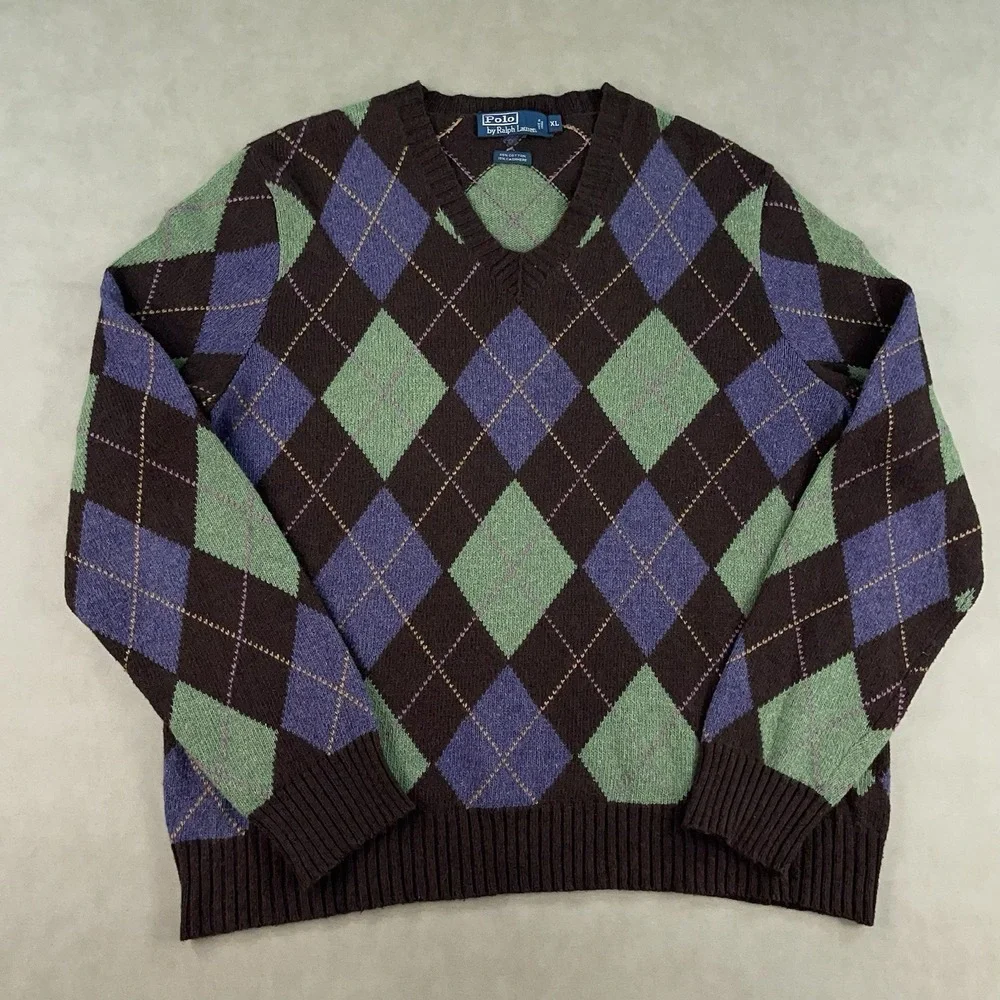 Polo‎ Ralph Lauren Sweater Mens XL Brown Green Argyle Diamond Cotton Cashmere